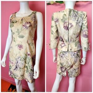 Vintage 1990's Tapestry Sheath Dress Peplum Blazer Suit Set Floral Garden Party